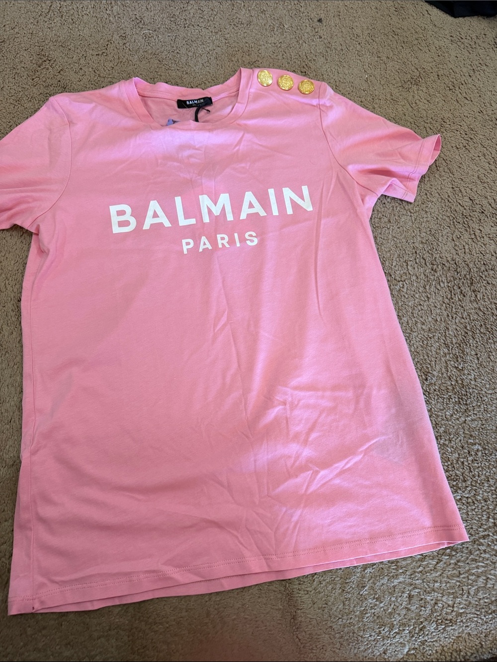 Balmain Pink womens Logo Tee with Gold Buttons